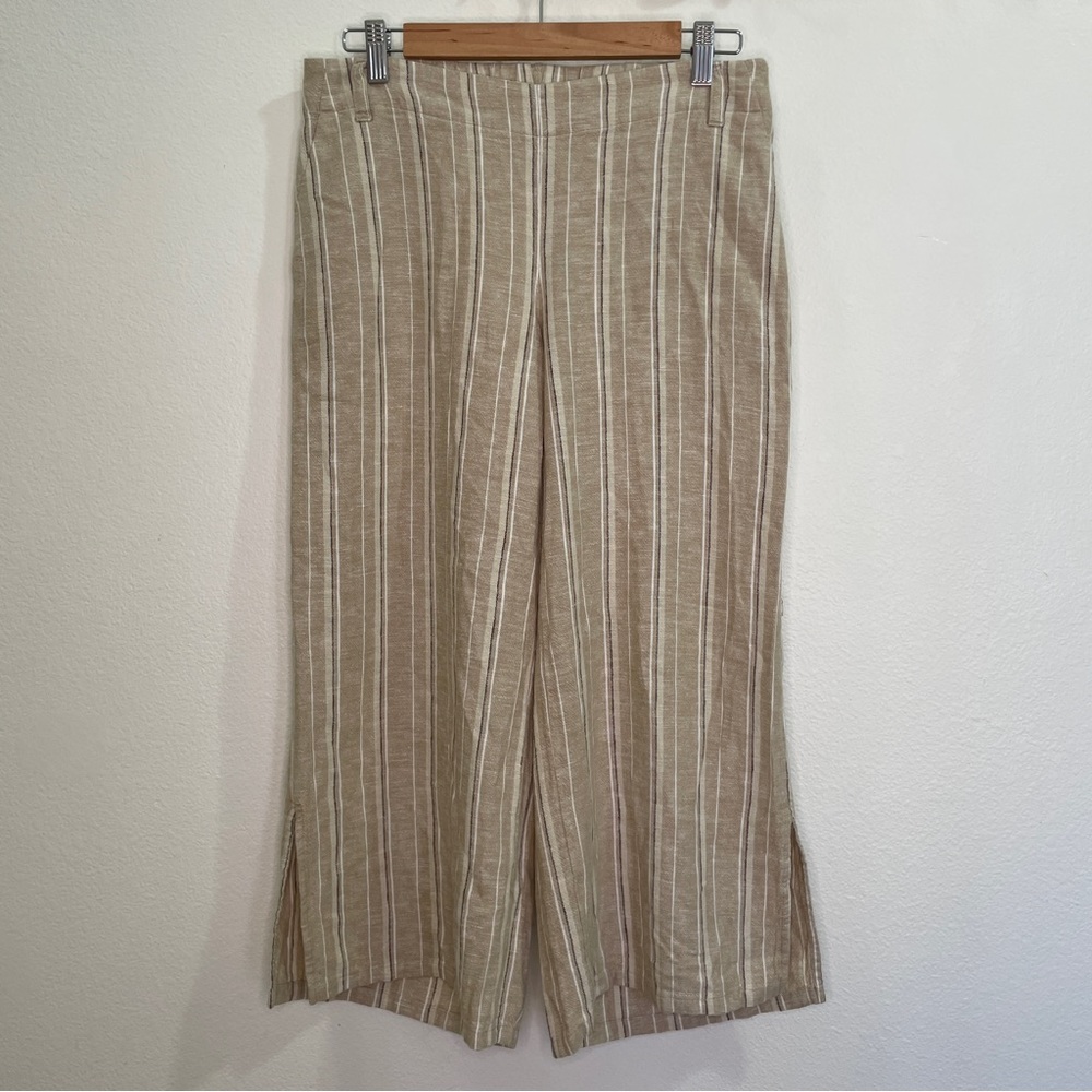 J. Jill Striped Linen Blend Split Hem Wide Leg Cropped Pants - Tan